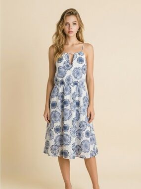 Esley White and Blue Floral Midi Dress with Spaghetti Straps